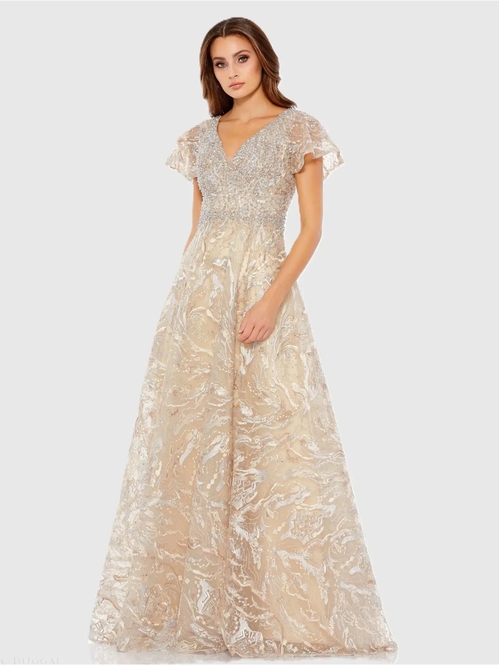 Mac Duggal Champagne Gold Beaded V-Neck A-Line Gown (Bridesmaid)